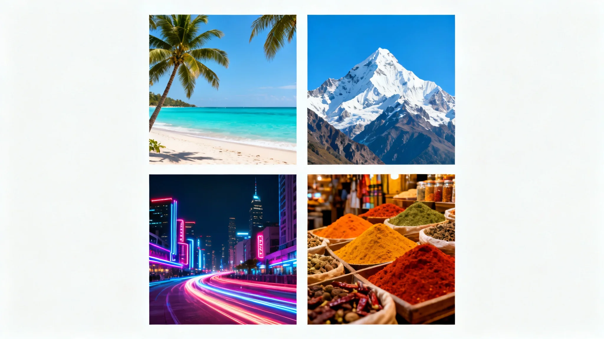 A perfectly aligned grid of four diverse travel photos, including a beach, mountains, a city at night, and a market, showcasing a photo alignment tool.
