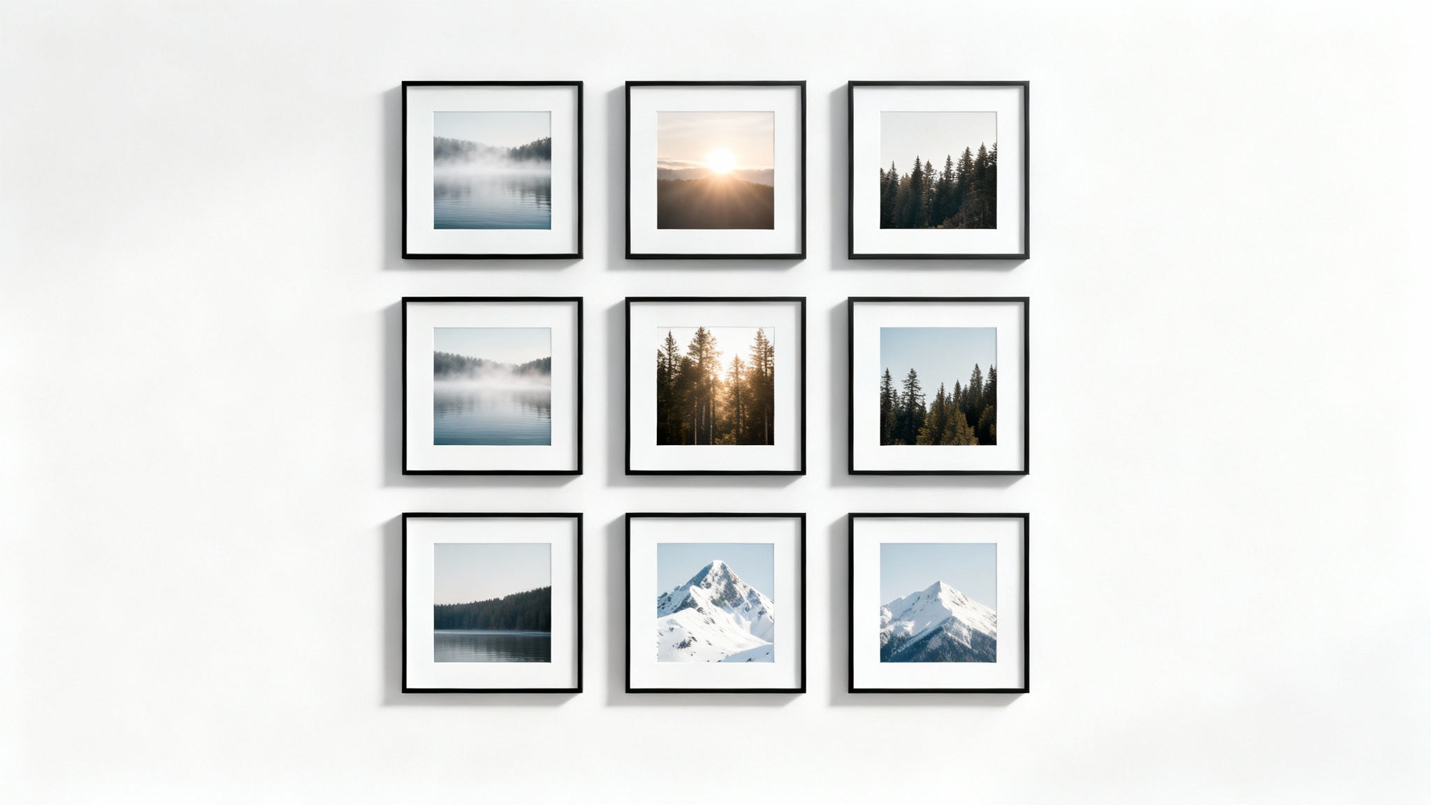 A perfectly organized grid of nine square photo frames with black borders, each containing a minimalist nature photo, arranged on a clean white background, demonstrating photo alignment.