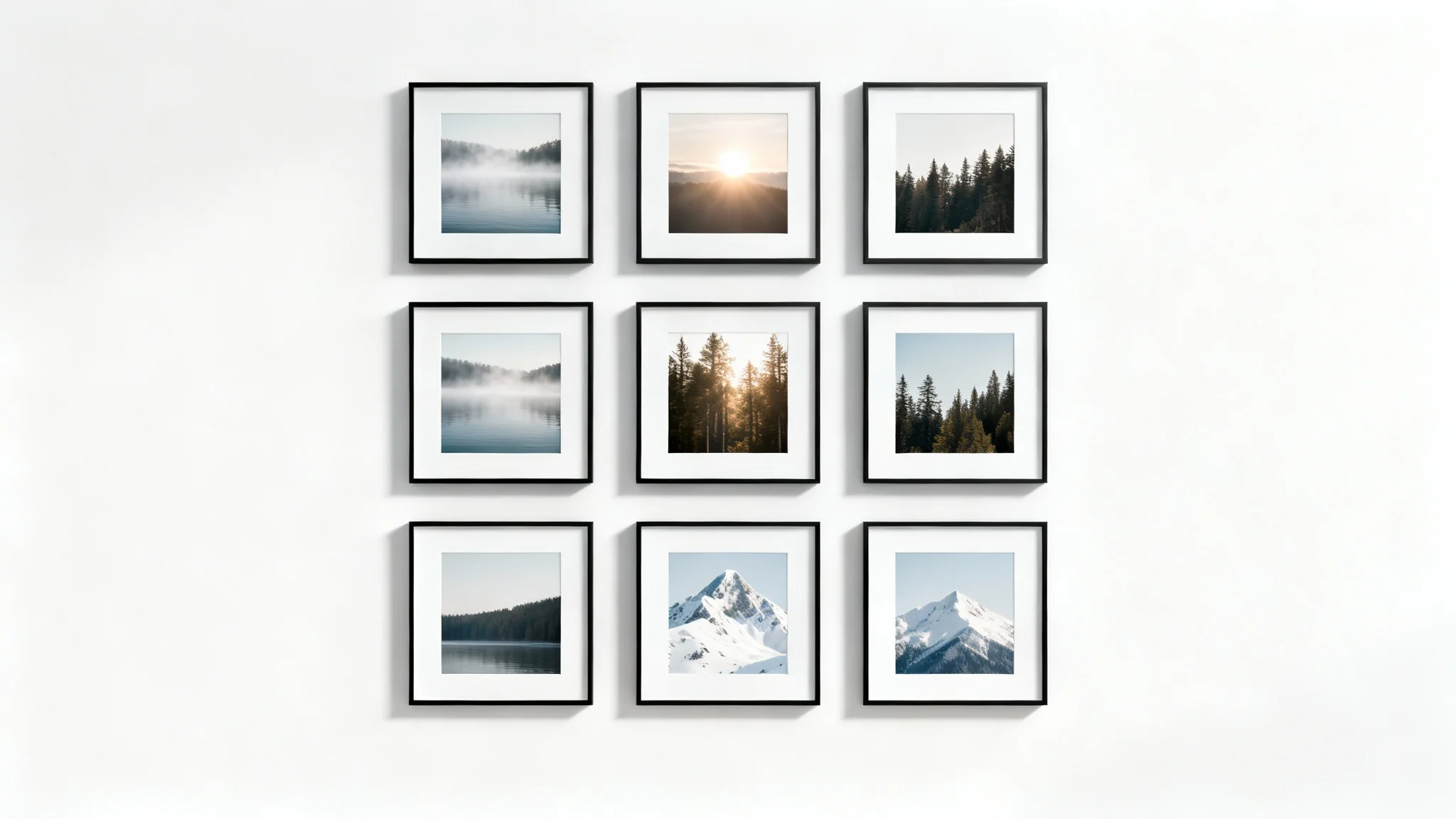 A perfectly organized grid of nine square photo frames with black borders, each containing a minimalist nature photo, arranged on a clean white background, demonstrating photo alignment.