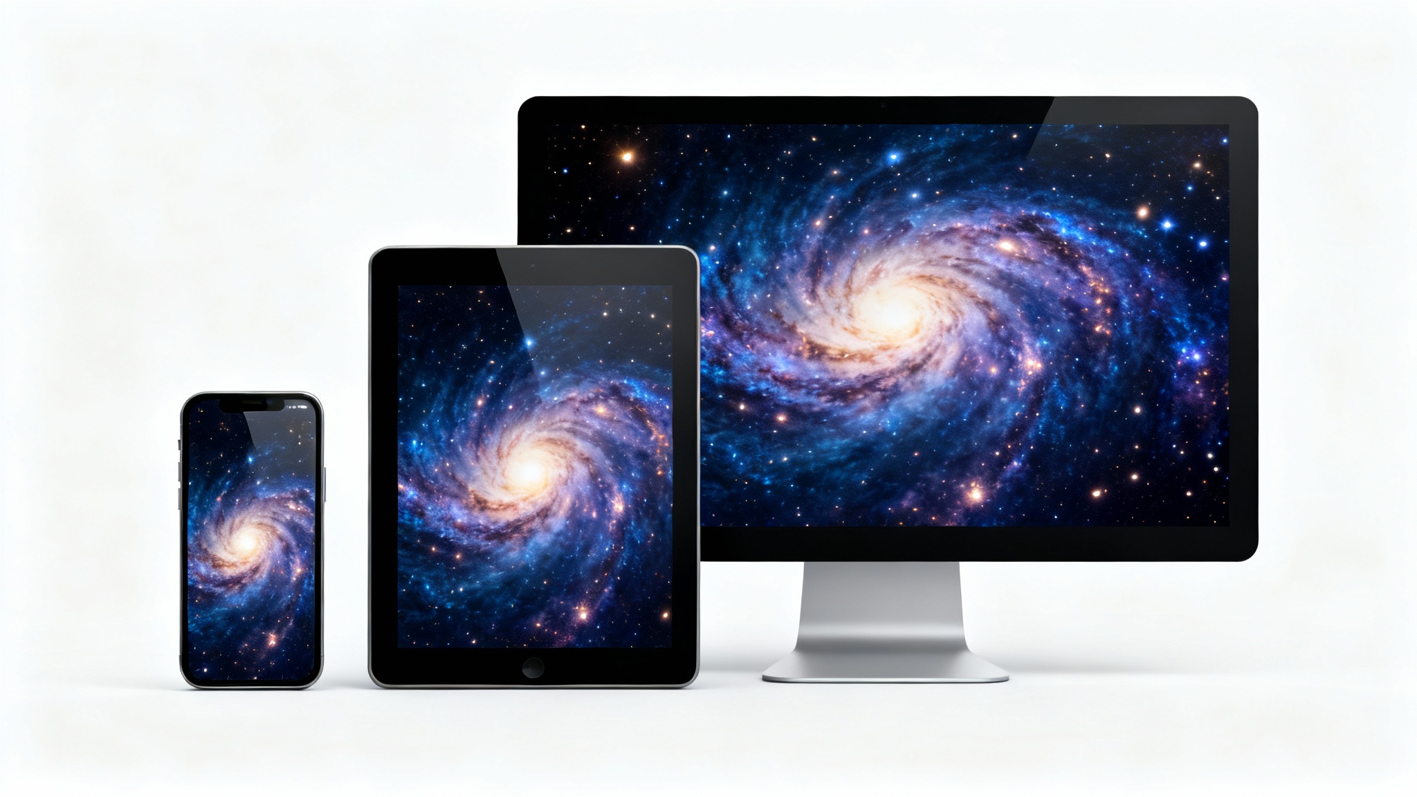 A modern smartphone, tablet, and desktop monitor arranged on a white background, all displaying the same colorful nebula wallpaper perfectly resized to fit each different screen, illustrating the wallpaper resizer tool.