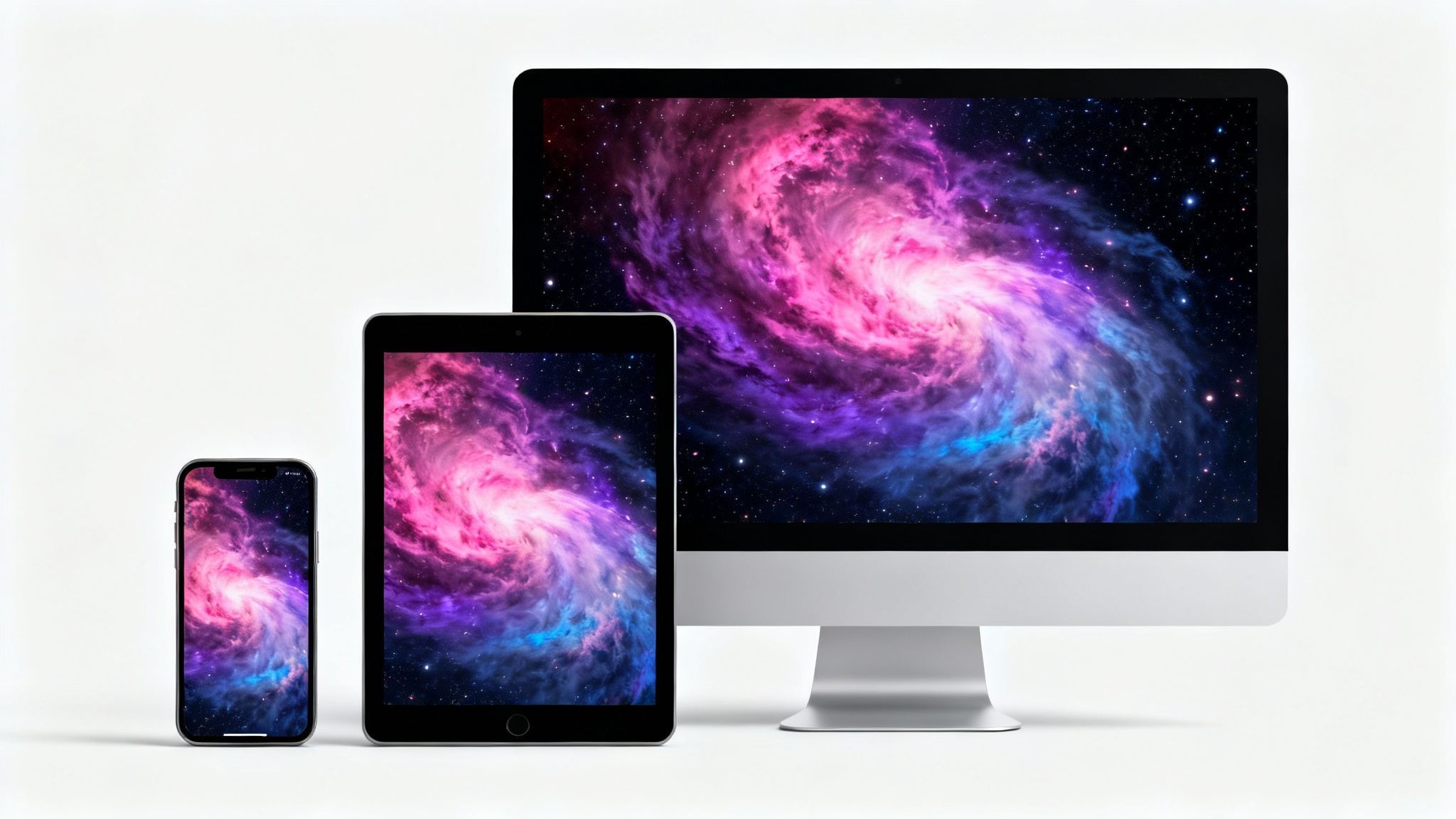 A smartphone, tablet, and computer monitor are displayed side-by-side, each showing a perfectly resized version of a vibrant space nebula wallpaper, demonstrating the wallpaper resizer tool.
