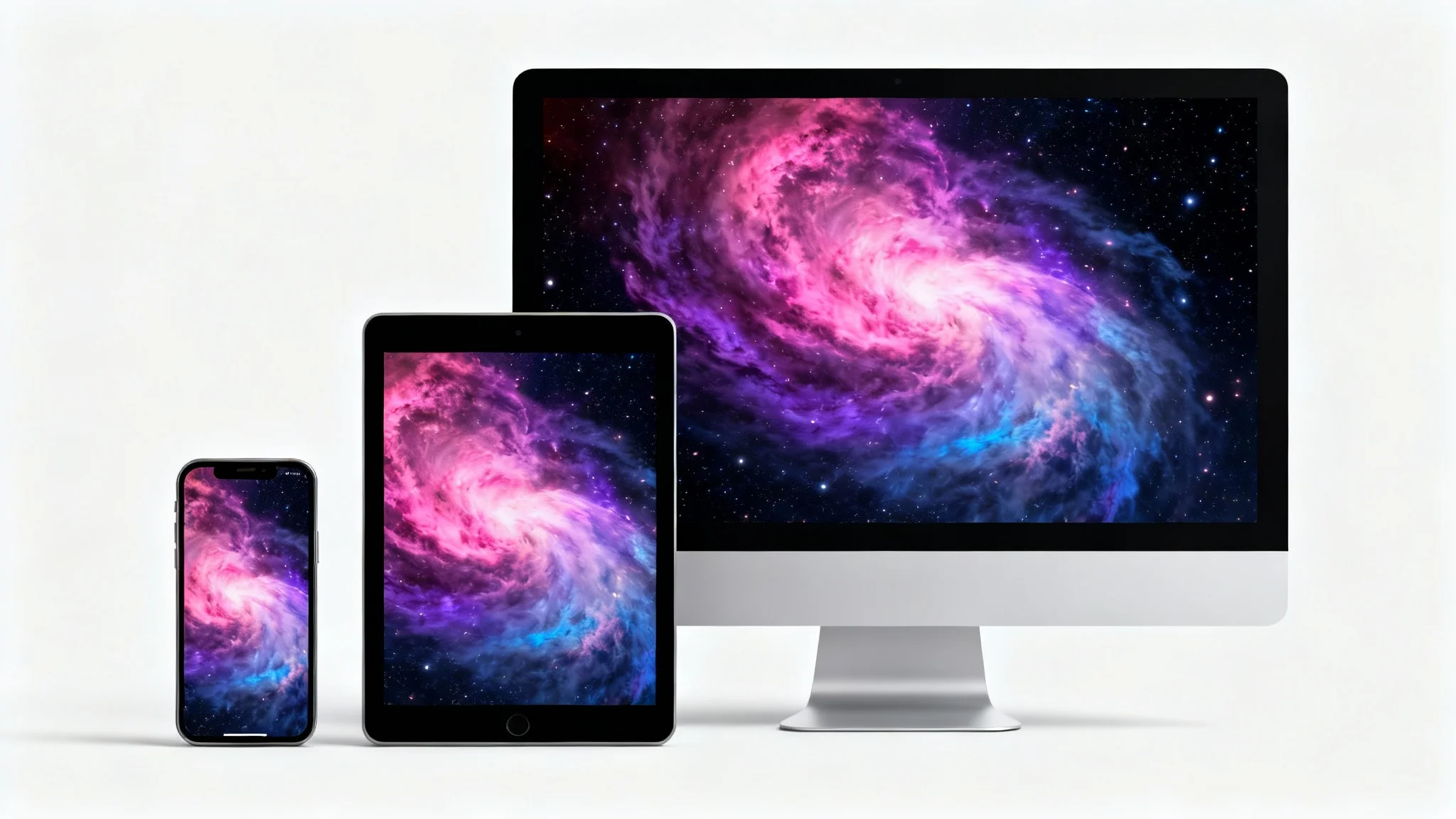 A smartphone, tablet, and computer monitor are displayed side-by-side, each showing a perfectly resized version of a vibrant space nebula wallpaper, demonstrating the wallpaper resizer tool.