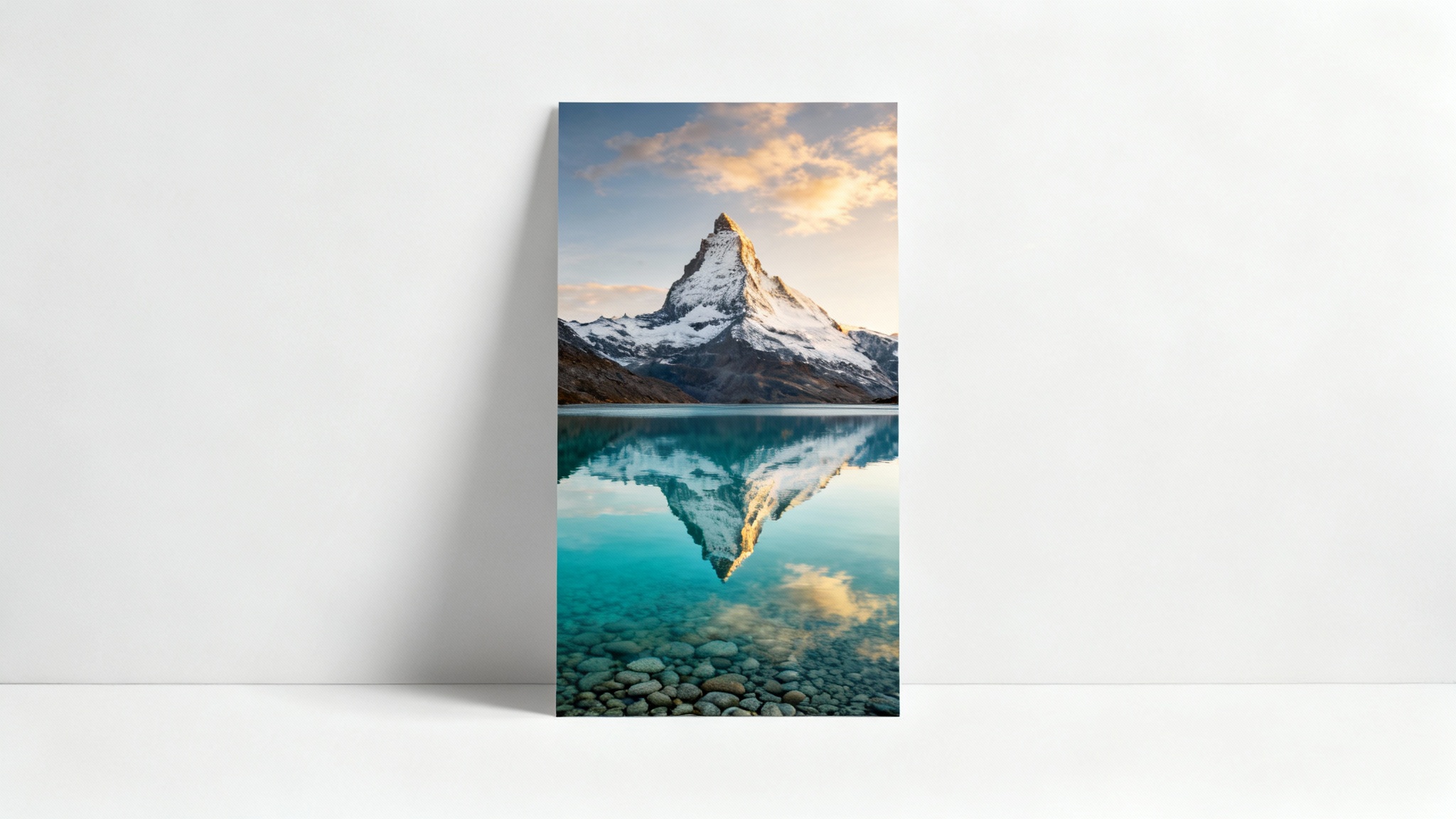 A demonstration of a landscape-to-portrait tool, showing a final, tall portrait image of a mountain and lake, where the sky and water have been artificially extended to fit the new aspect ratio. The image is presented against a clean background.