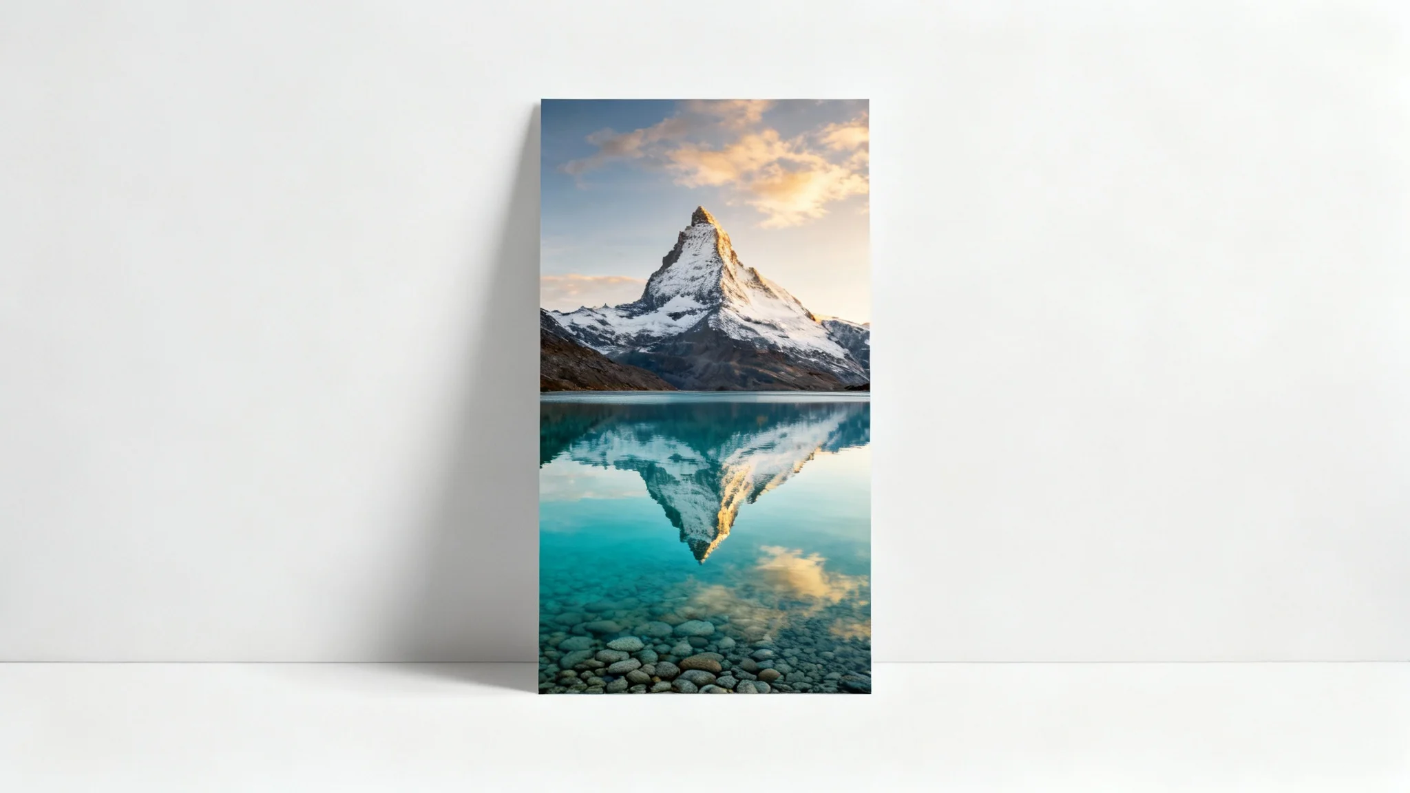 A demonstration of a landscape-to-portrait tool, showing a final, tall portrait image of a mountain and lake, where the sky and water have been artificially extended to fit the new aspect ratio. The image is presented against a clean background.