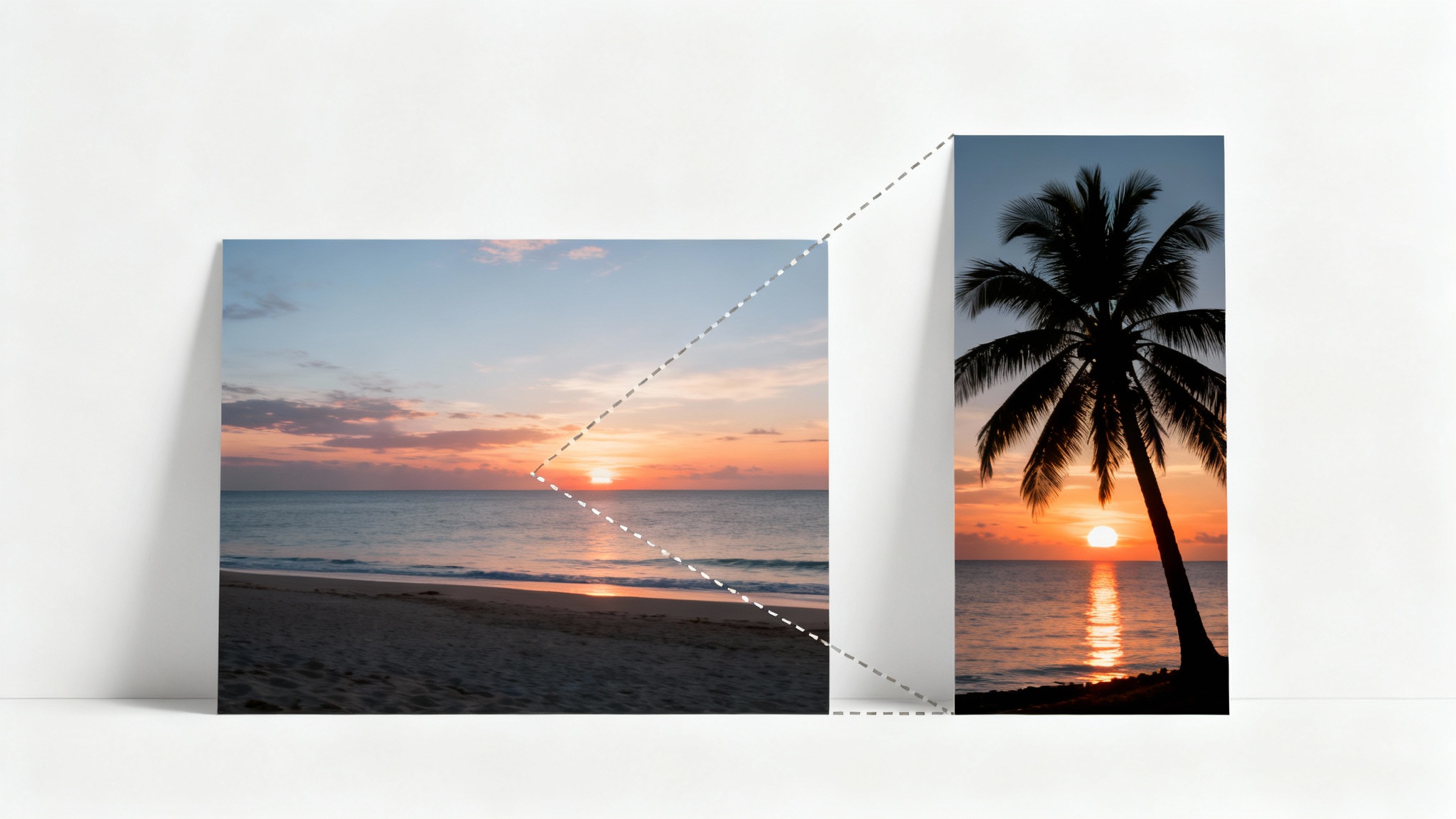 A visual representation of an image being converted from landscape to portrait, showing a wide beach sunset on the left and a cropped, vertical version focusing on a palm tree on the right.
