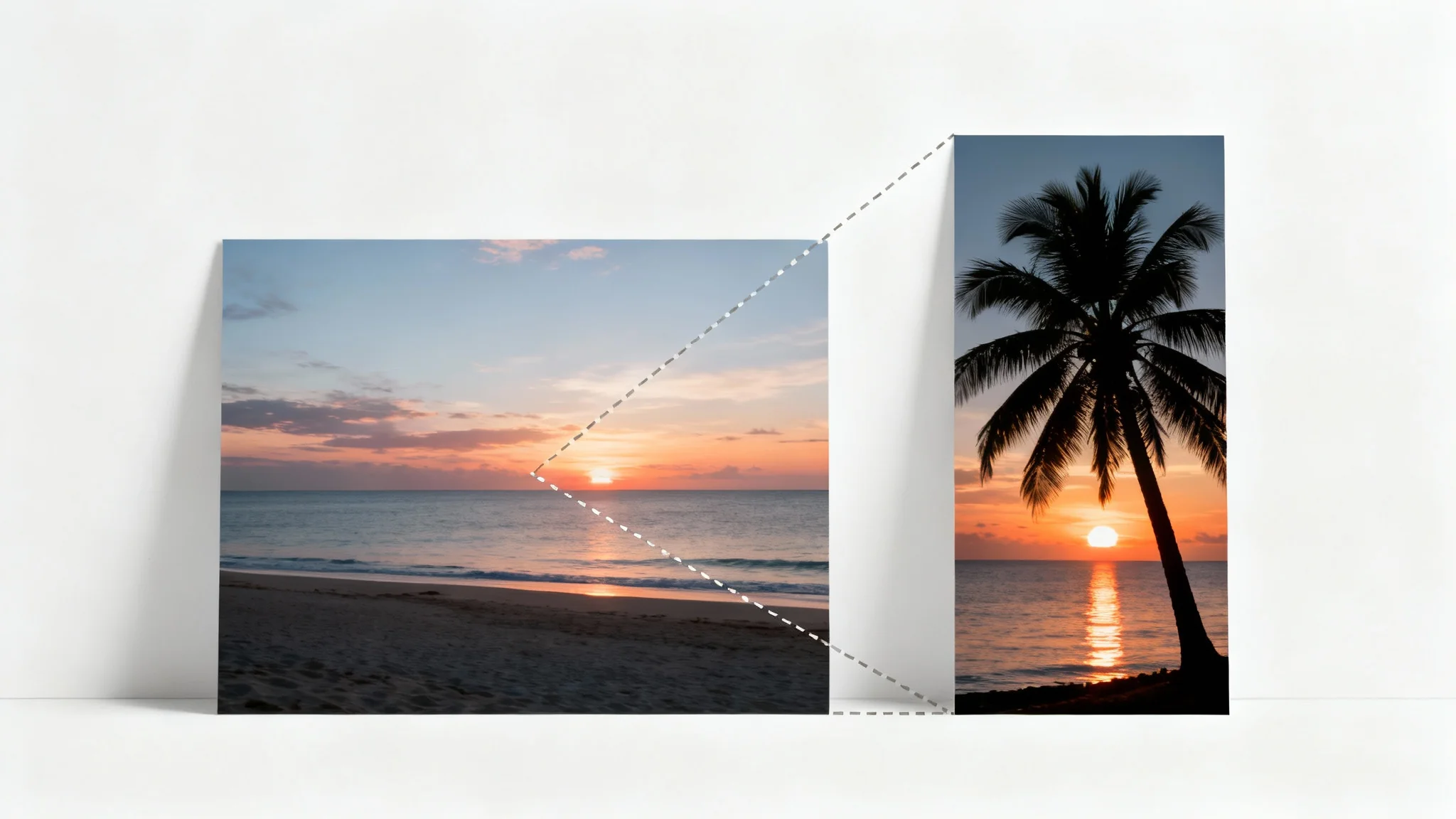 A visual representation of an image being converted from landscape to portrait, showing a wide beach sunset on the left and a cropped, vertical version focusing on a palm tree on the right.