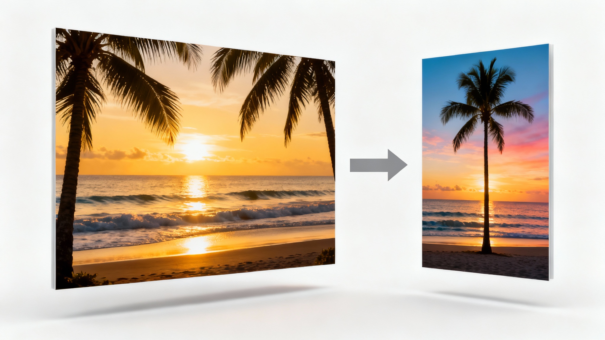 An image illustrating a landscape photo of a beach sunset being converted into a portrait orientation, with an arrow indicating the change.