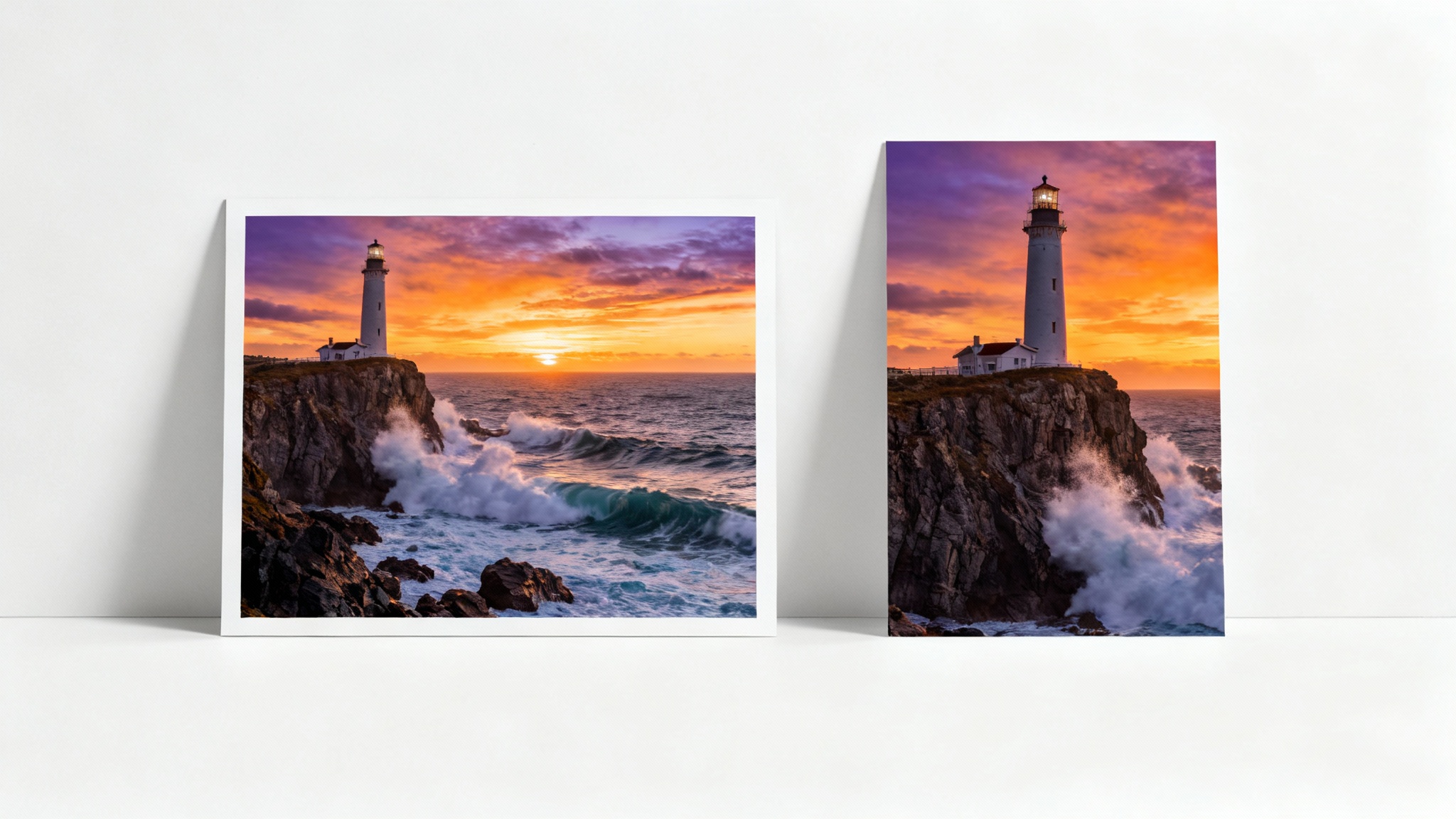 A side-by-side comparison showing a landscape photo of a lighthouse at sunset being converted into a vertically oriented portrait photo, focusing on the lighthouse.