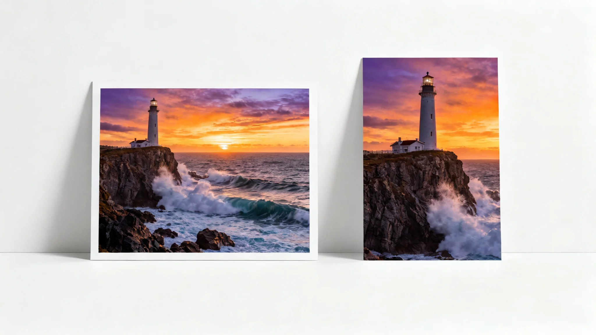 A side-by-side comparison showing a landscape photo of a lighthouse at sunset being converted into a vertically oriented portrait photo, focusing on the lighthouse.