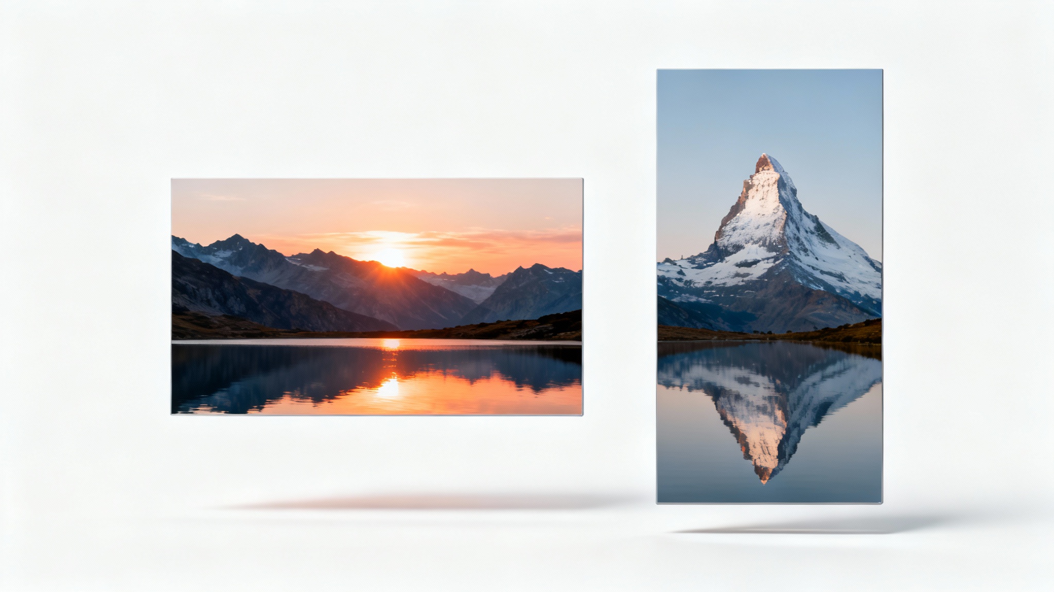 A conceptual image showing the transformation from landscape to portrait orientation. A wide landscape photo of mountains and a lake is on the left, and a tall, cropped portrait version focusing on a single peak is on the right.