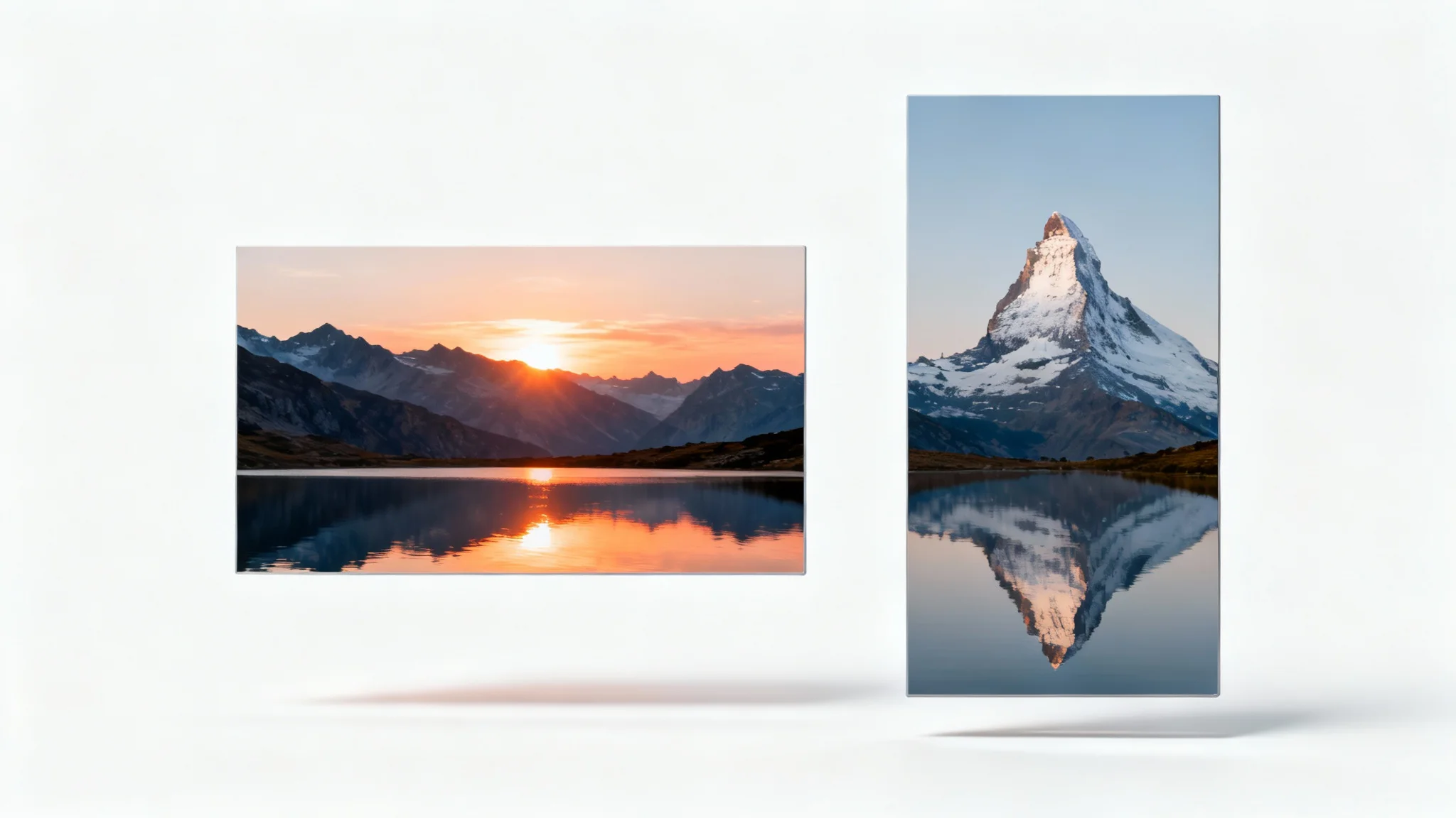 A conceptual image showing the transformation from landscape to portrait orientation. A wide landscape photo of mountains and a lake is on the left, and a tall, cropped portrait version focusing on a single peak is on the right.