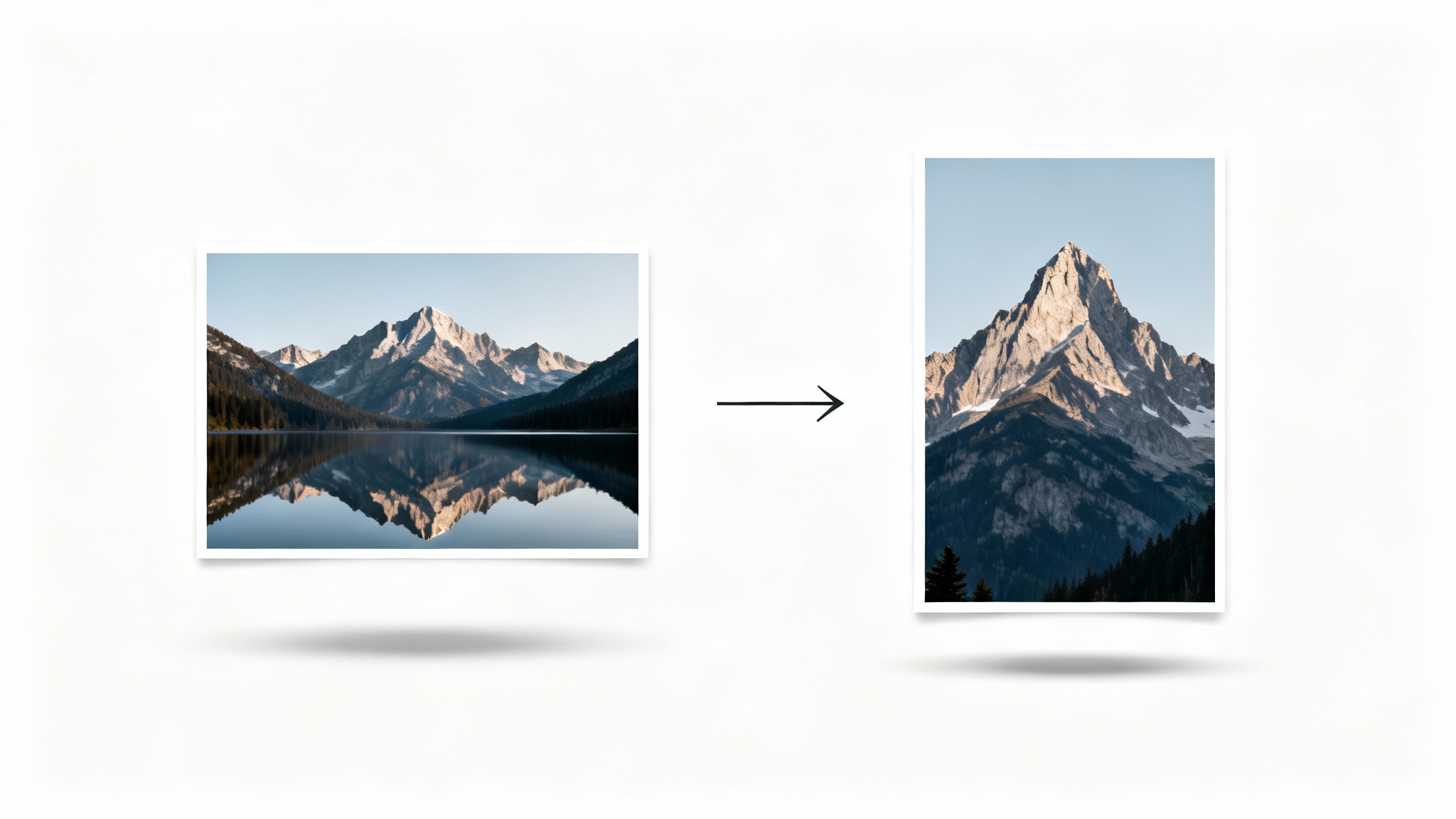 A visual representation of converting a landscape image to portrait. A wide photo of a mountain scene is on the left, and a tall, vertically cropped version of the same photo is on the right, with an arrow between them showing the transformation.