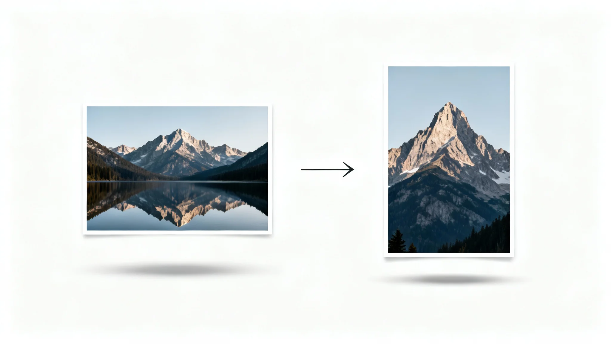 A visual representation of converting a landscape image to portrait. A wide photo of a mountain scene is on the left, and a tall, vertically cropped version of the same photo is on the right, with an arrow between them showing the transformation.