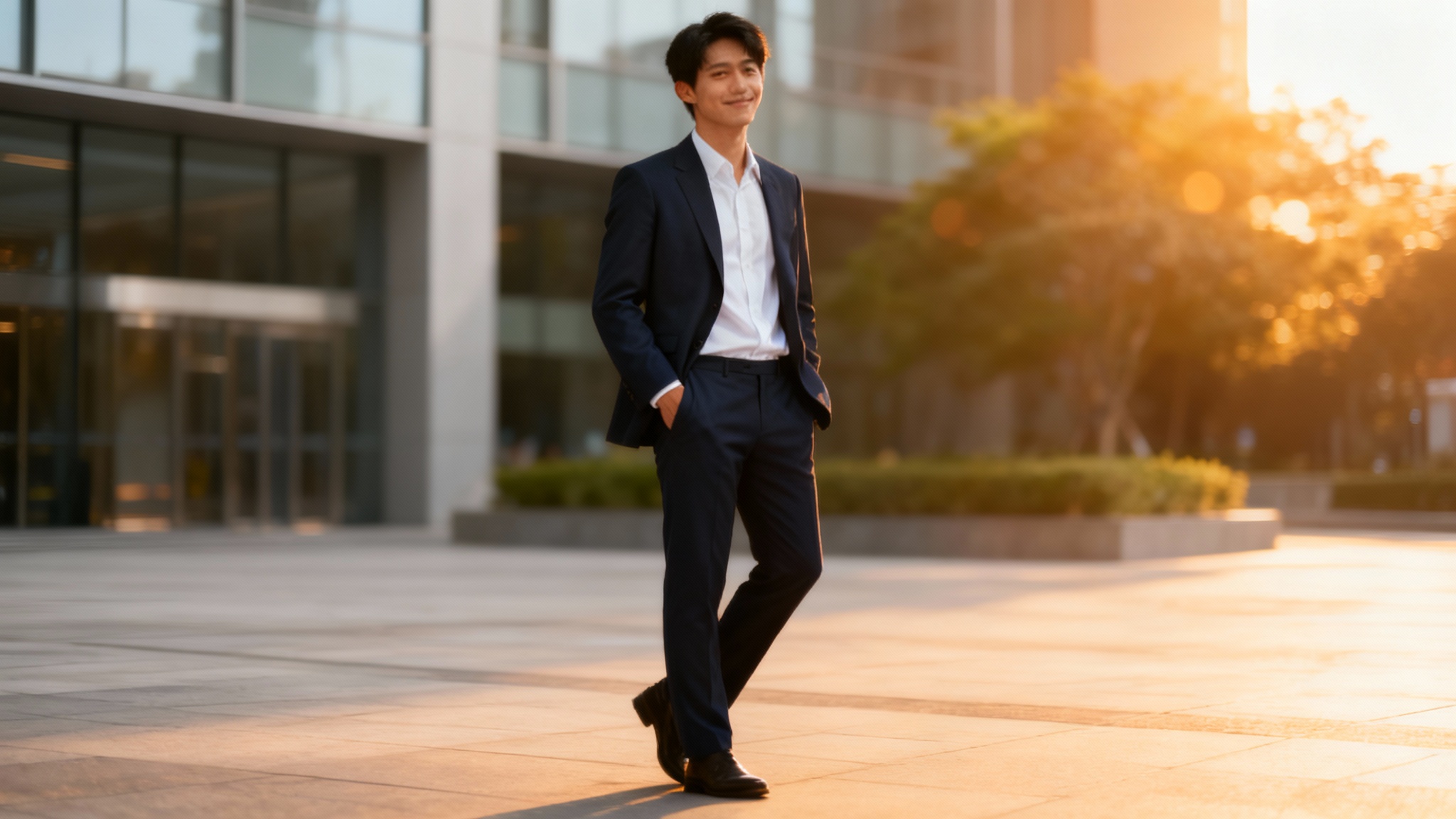 A full-body, photorealistic image of a man in a navy blue suit standing in a modern plaza during sunset, representing a high-quality AI-generated full body image.