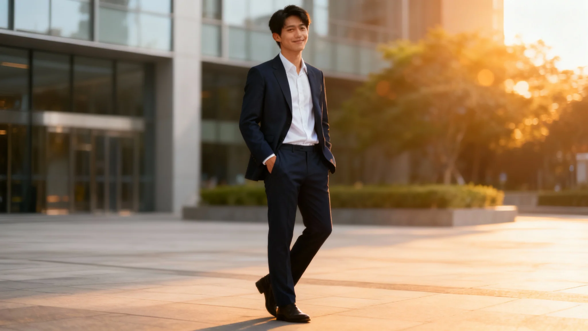 A full-body, photorealistic image of a man in a navy blue suit standing in a modern plaza during sunset, representing a high-quality AI-generated full body image.