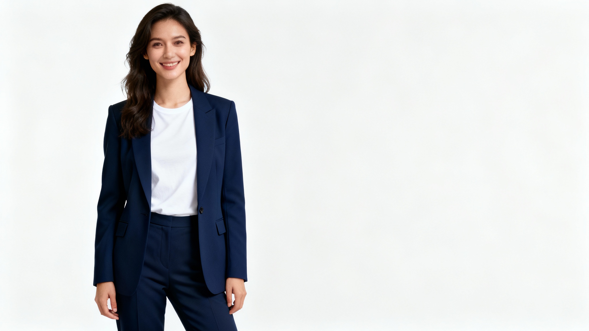 A full-body, high-resolution photograph of a woman in a stylish business-casual outfit, standing against a plain white background, created as a mockup.