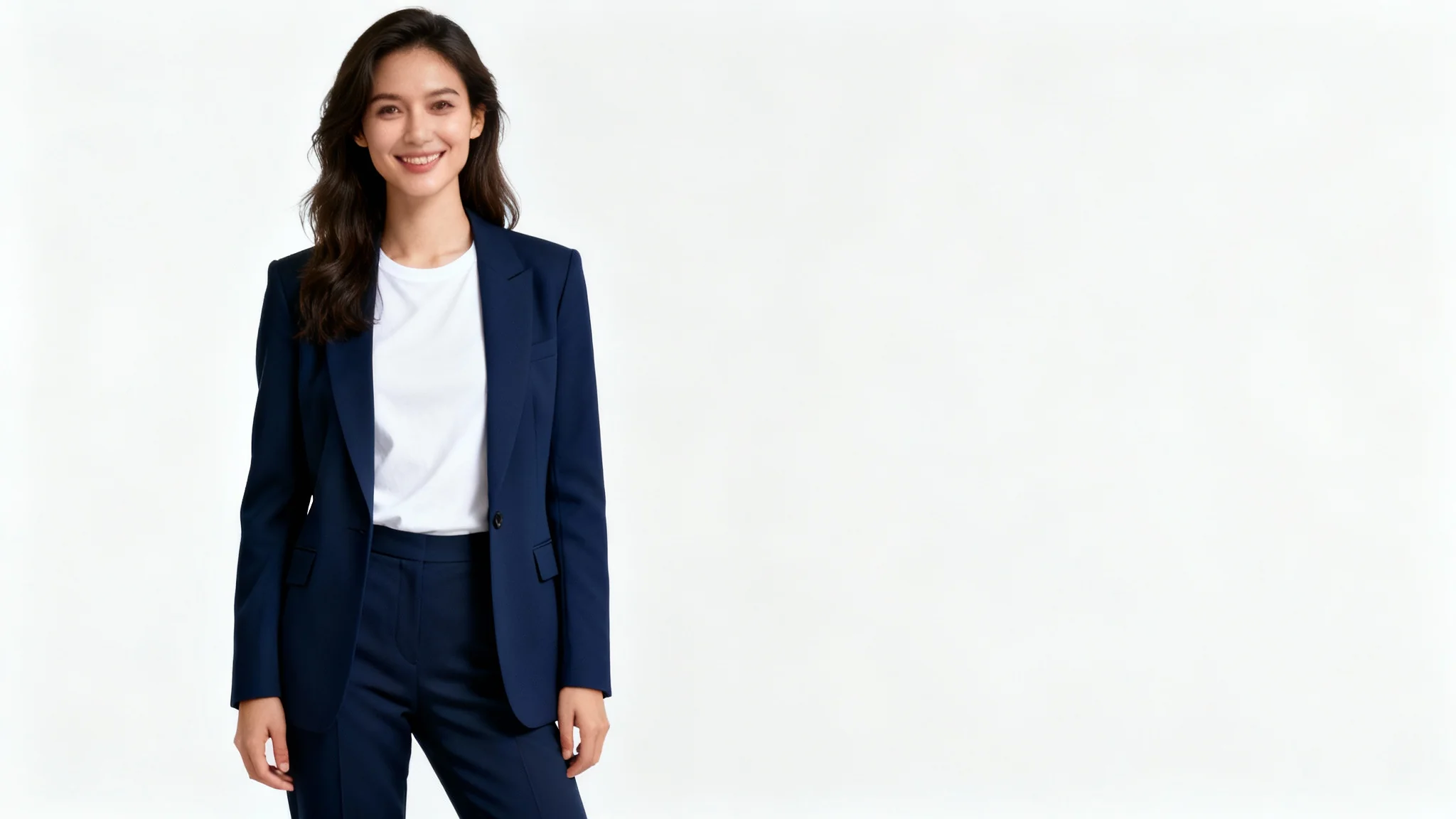 A full-body, high-resolution photograph of a woman in a stylish business-casual outfit, standing against a plain white background, created as a mockup.