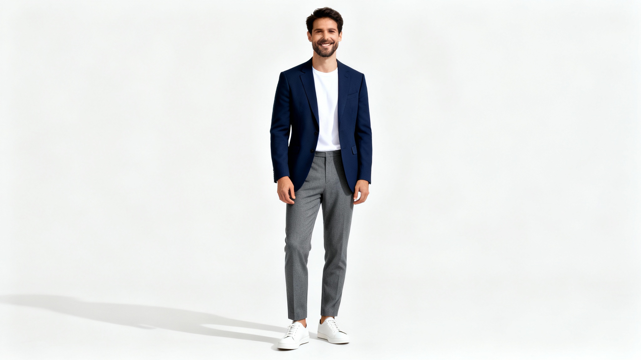 A photorealistic full-body image of a man dressed in smart-casual attire, including a navy blazer and white sneakers, standing against a plain white background.