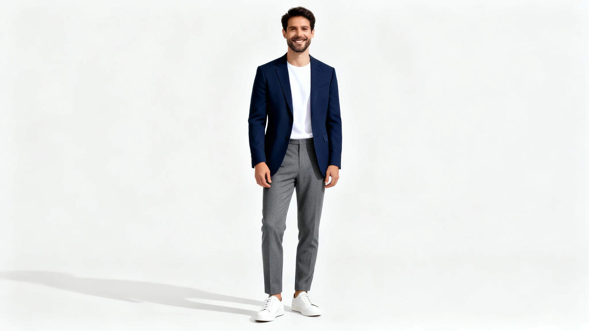 A photorealistic full-body image of a man dressed in smart-casual attire, including a navy blazer and white sneakers, standing against a plain white background.