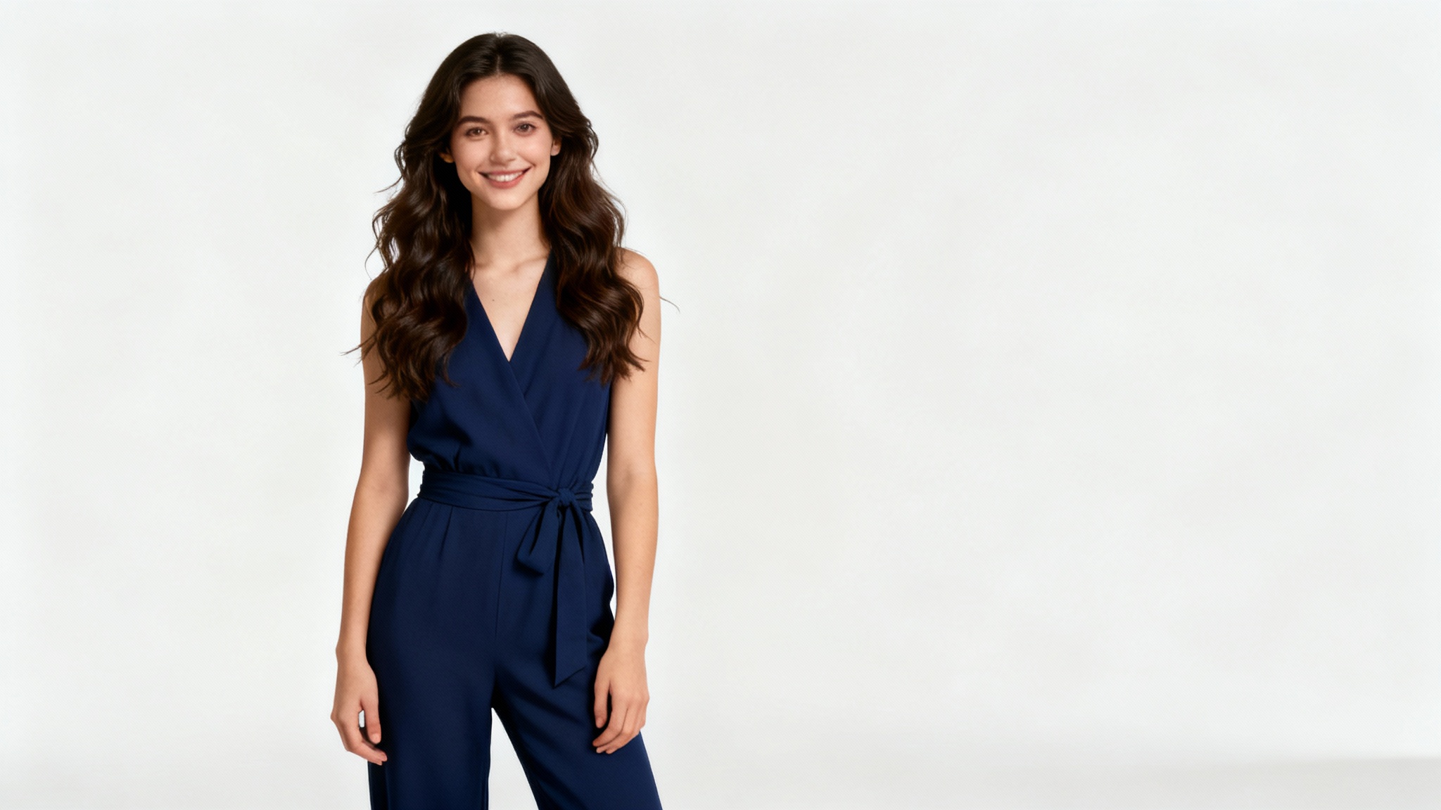 A high-quality, full-body studio photograph of a stylish woman in a navy blue jumpsuit posing against a plain white background.
