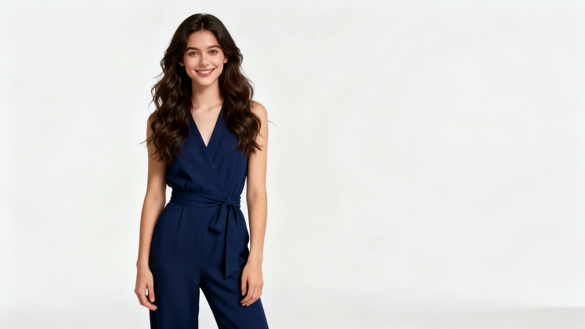 A high-quality, full-body studio photograph of a stylish woman in a navy blue jumpsuit posing against a plain white background.