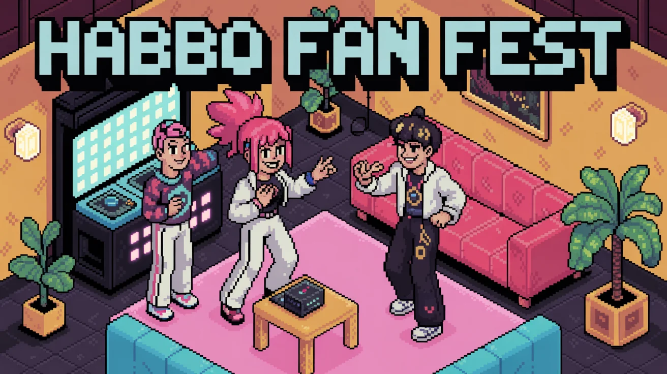 A Habbo Hotel style pixel art banner showing three characters in a decorated room with the text 'HABBO FAN FEST' at the top.
