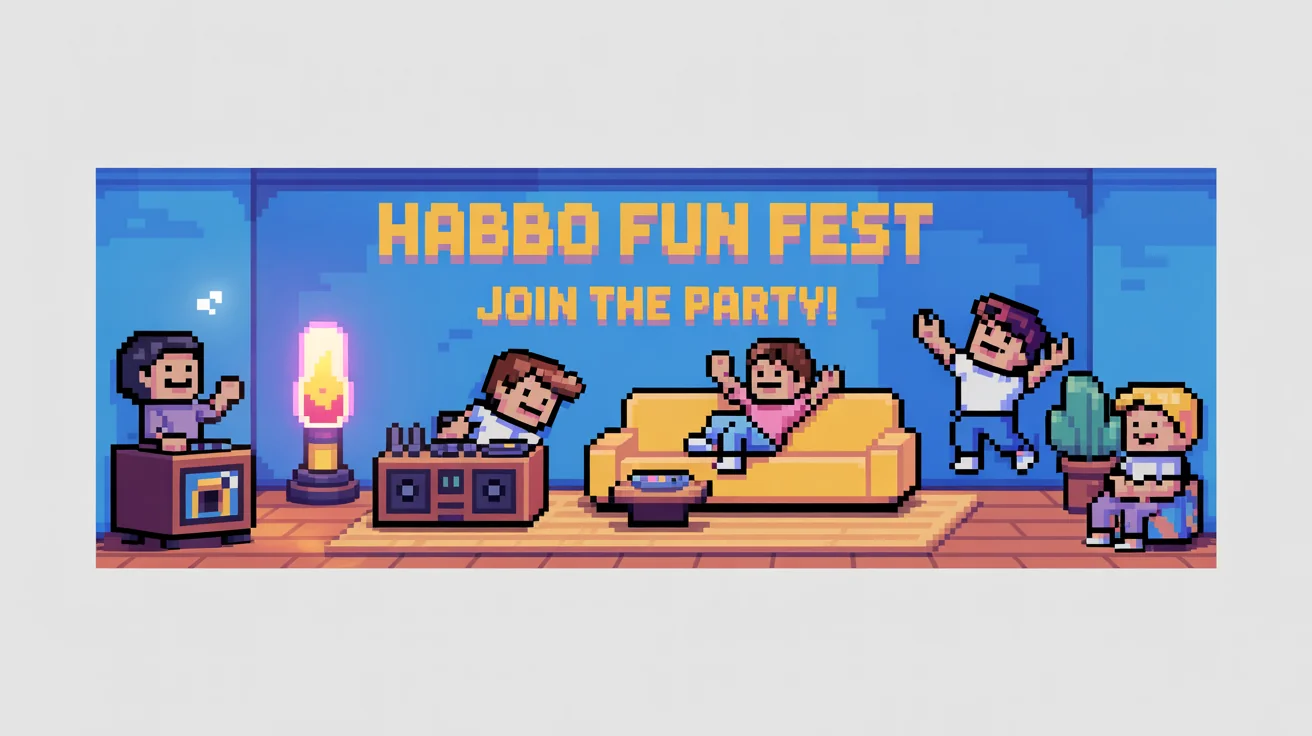 A pixel art banner mockup in the isometric style of Habbo, showing a lively party in a virtual room with pixelated characters. The banner has text that reads 'HABBO FUN FEST' and 'JOIN THE PARTY!'.