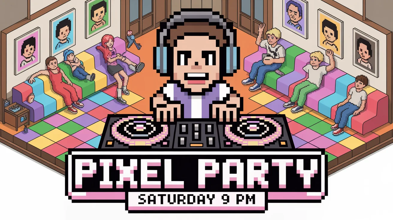 A pixel art banner in the style of the game Habbo, showing a party scene with characters dancing and a DJ. The banner has text that reads 'PIXEL PARTY, SATURDAY 9 PM'.