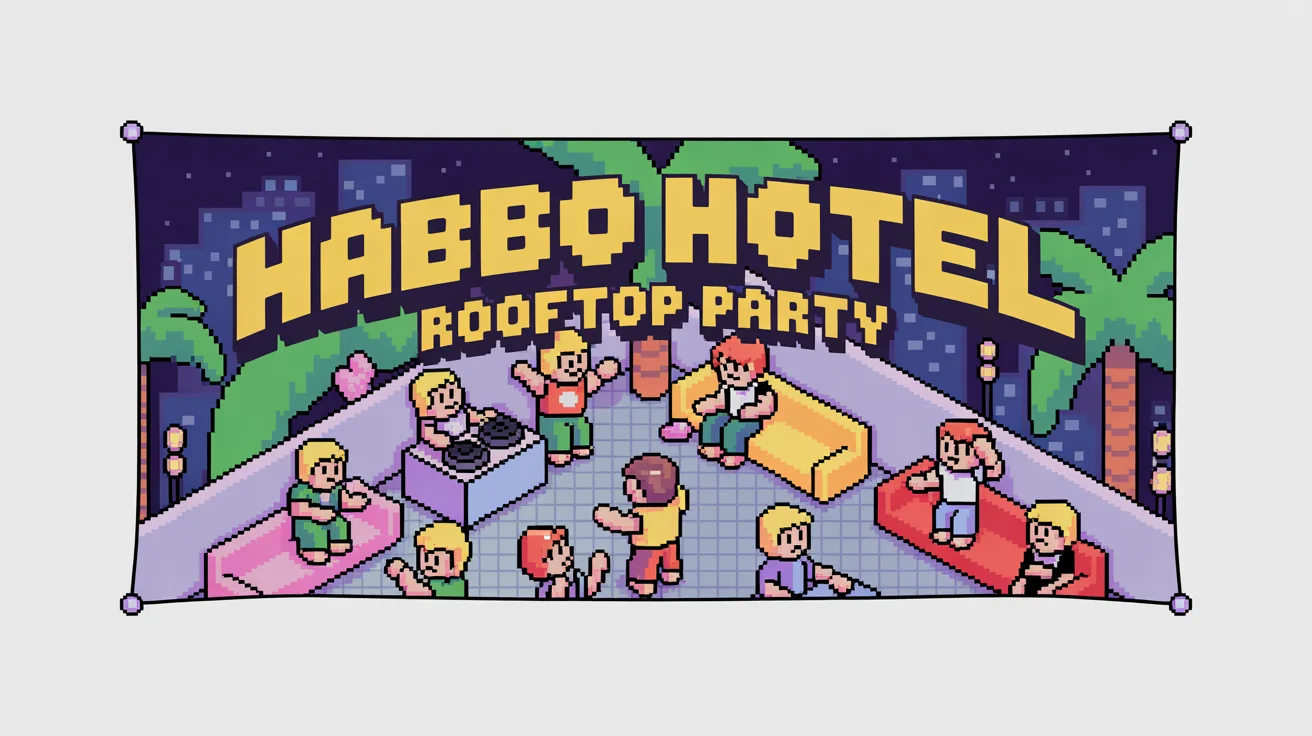 A pixel art banner in the style of the Habbo game, showing characters at a rooftop party. The banner features bold, pixelated text that reads 'HABBO HOTEL' and 'ROOFTOP PARTY'.