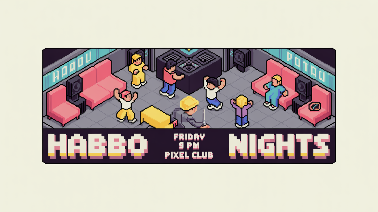 A retro pixel art banner mockup for a Habbo-themed event called 'Habbo Nights'. The banner shows pixelated characters partying on a rooftop, with event details 'Friday 9 PM' at the 'Pixel Club'.