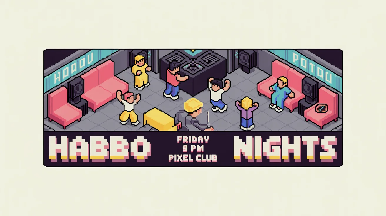 A retro pixel art banner mockup for a Habbo-themed event called 'Habbo Nights'. The banner shows pixelated characters partying on a rooftop, with event details 'Friday 9 PM' at the 'Pixel Club'.