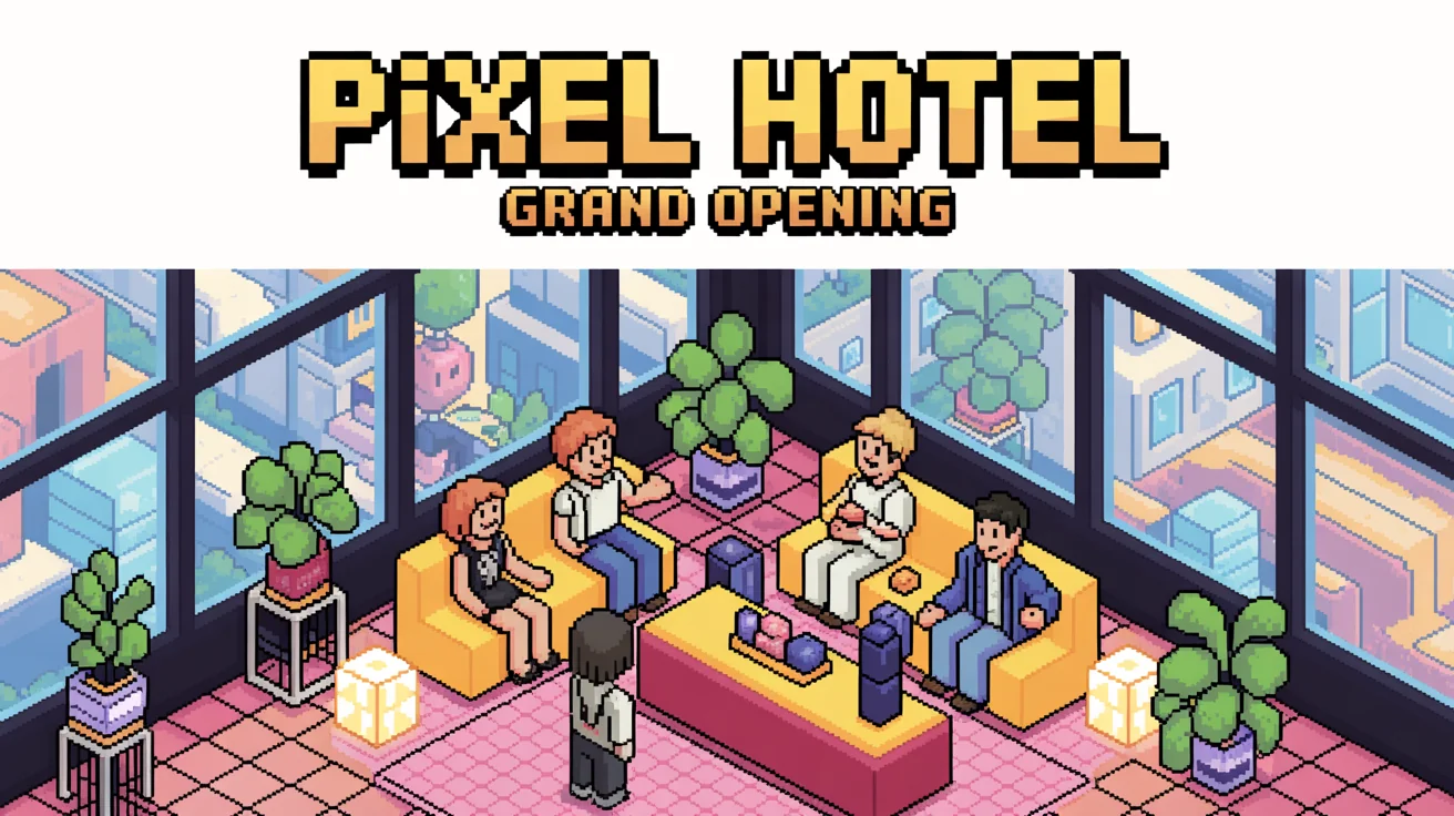 A pixel art banner in the style of Habbo Hotel, showing several blocky characters in a hotel lobby. The banner has text that reads 'PIXEL HOTEL' and 'GRAND OPENING', presented on a white background.