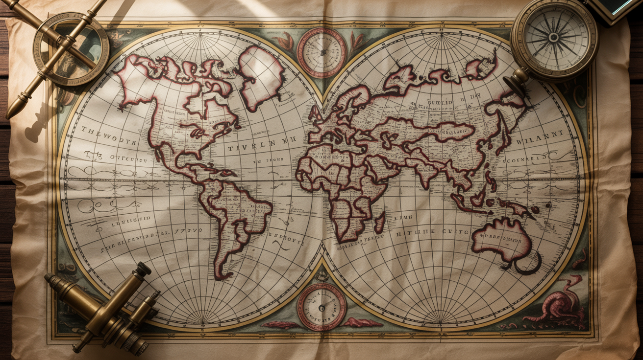 A detailed, vintage-style world map from the 17th century, laid flat. The map has an antique look with yellowed parchment, and features illustrations of sea monsters and decorative compass roses in the style of historical cartography.