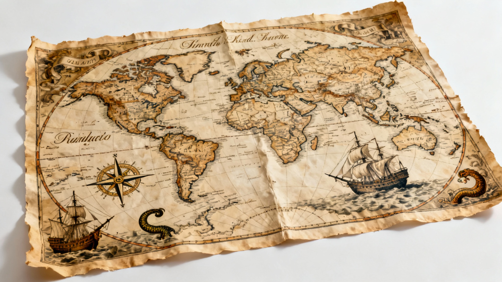 A photorealistic mockup of a vintage-style world map laid flat on a white background. The map is on yellowed, creased parchment and features hand-drawn continents, old ships, and a sea monster.