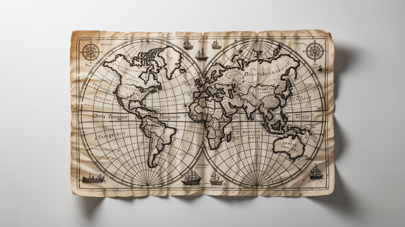 A photorealistic mockup of a vintage world map on aged parchment, featuring old-world calligraphy and illustrations, laid flat on a clean white background.