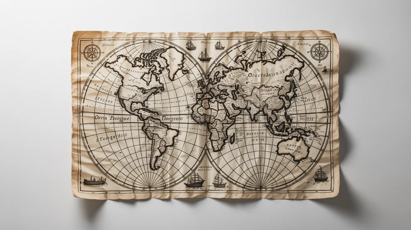 A photorealistic mockup of a vintage world map on aged parchment, featuring old-world calligraphy and illustrations, laid flat on a clean white background.