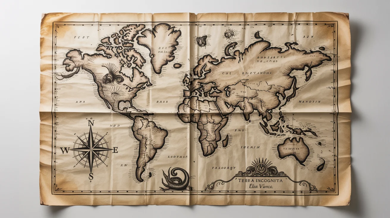 A photorealistic mockup of a vintage-style fantasy map on a white background. The map, on aged parchment, features fictional continents, sea monsters, a compass rose, and legible text reading 'Terra Incognita'.