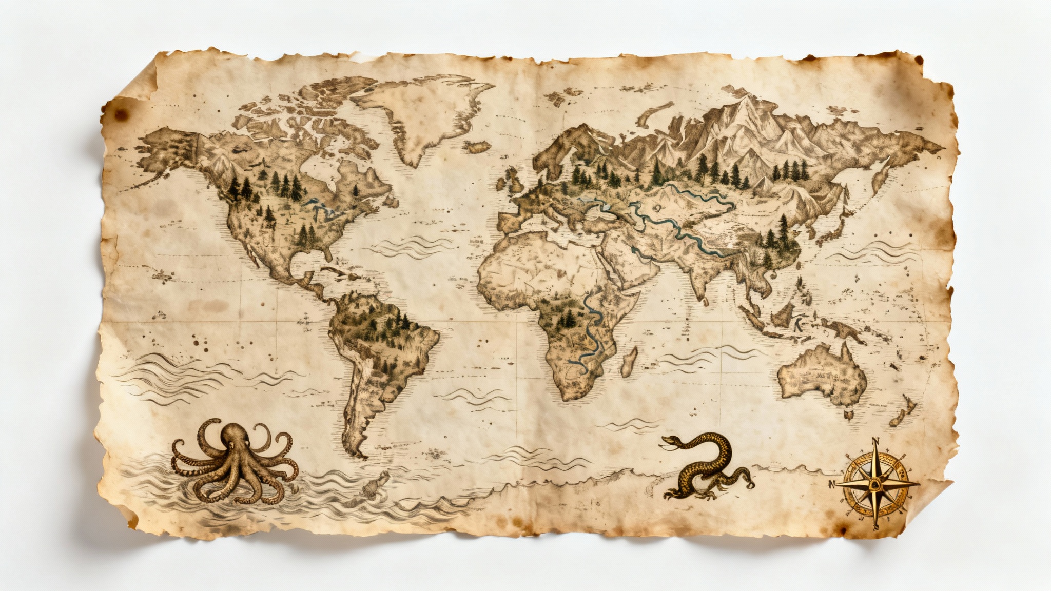 A close-up, top-down view of an antique-style fantasy world map on aged parchment, featuring detailed illustrations of continents and sea monsters, on a white background.