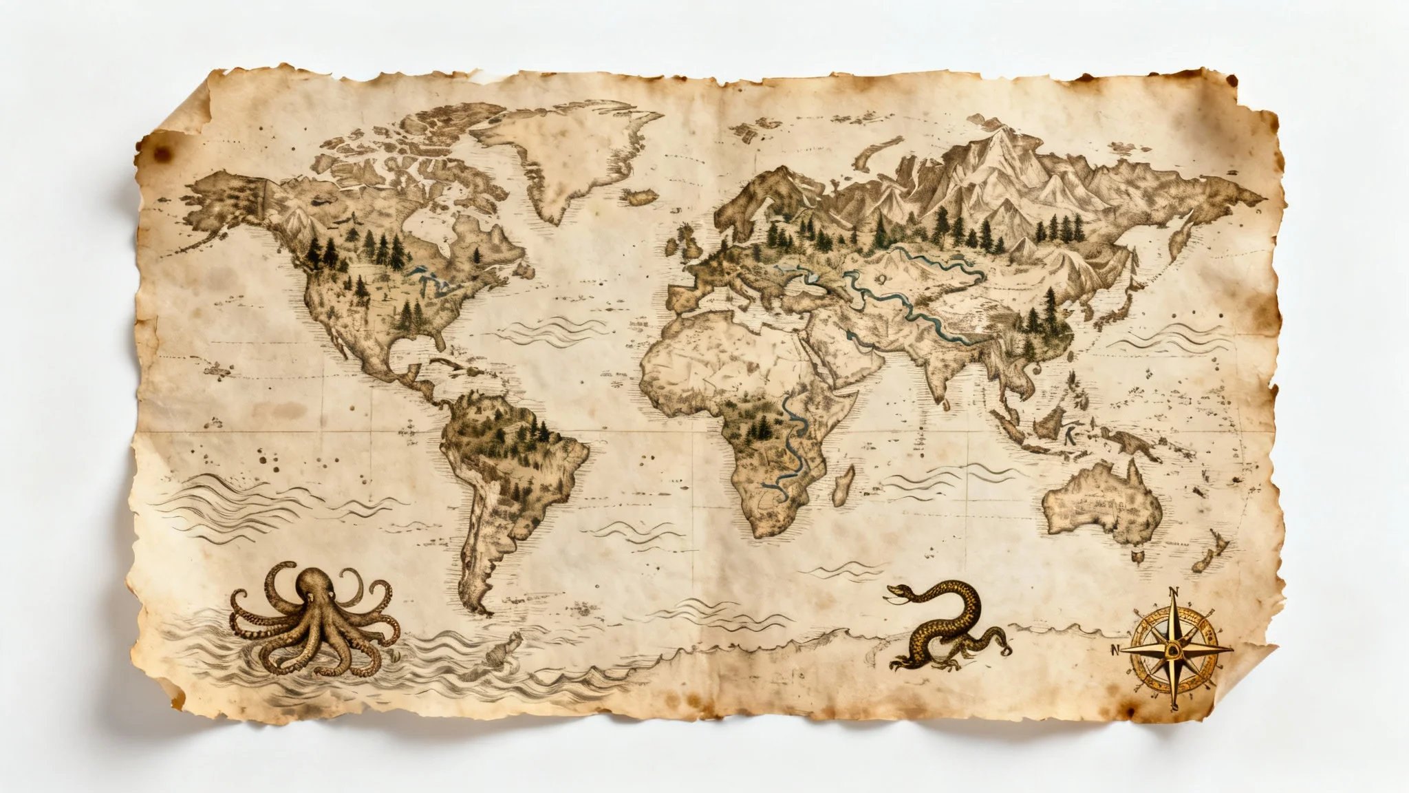 A close-up, top-down view of an antique-style fantasy world map on aged parchment, featuring detailed illustrations of continents and sea monsters, on a white background.