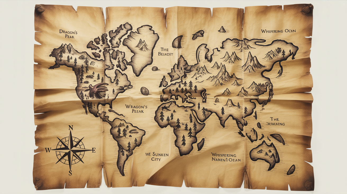A detailed vintage fantasy map on aged parchment paper, showing mythical creatures and fictional locations, displayed against a clean white background.