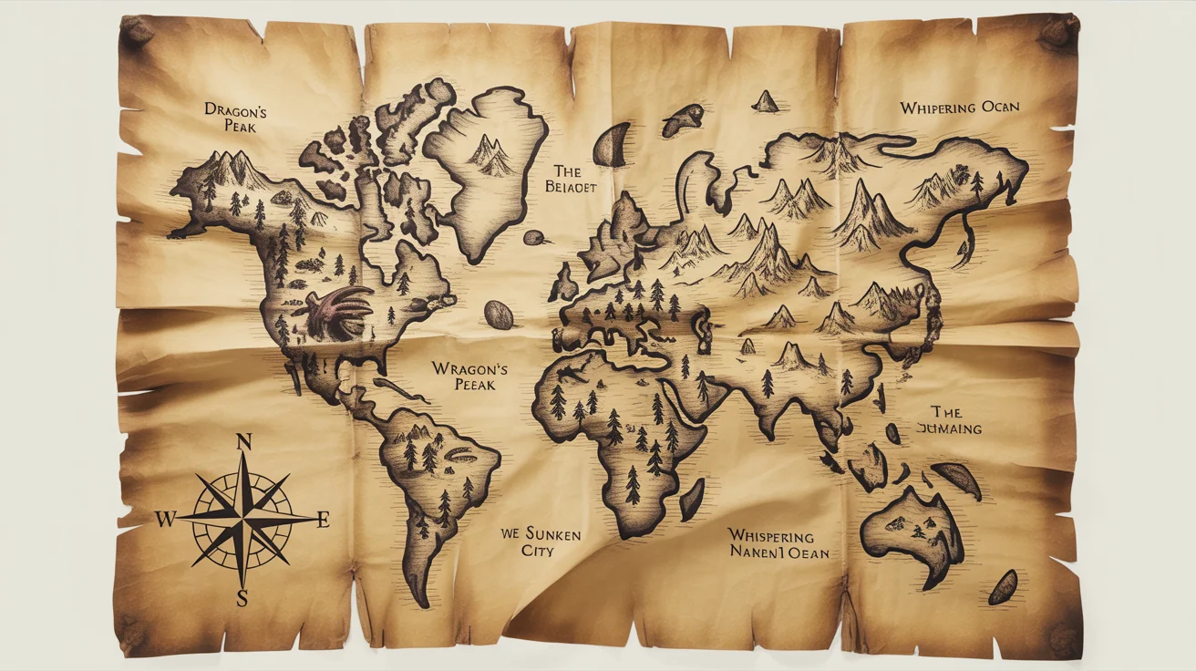A detailed vintage fantasy map on aged parchment paper, showing mythical creatures and fictional locations, displayed against a clean white background.