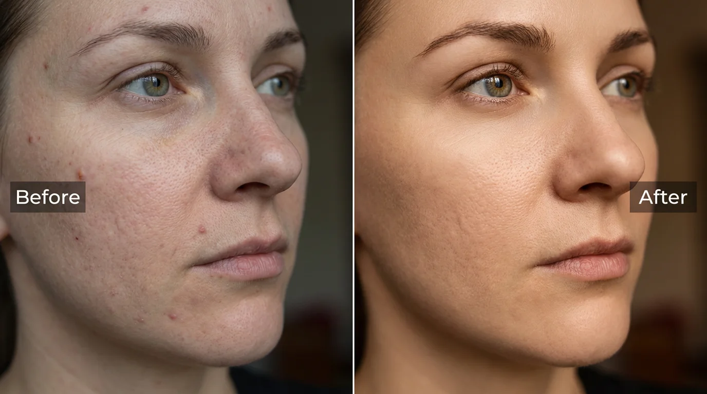 A side-by-side comparison image showing the result of video face retouching. The 'Before' side shows a woman's unedited face, and the 'After' side shows the same face with perfectly smoothed skin, brightened eyes, and a professional, cinematic look.