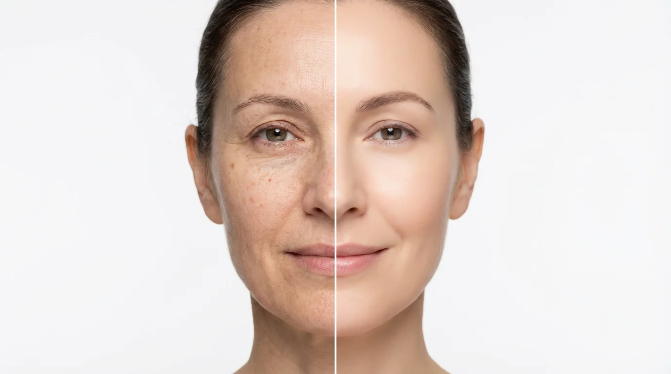 A before-and-after image demonstrating video face retouching. The left side of a person's face shows natural skin texture, while the right side is perfectly smoothed and digitally retouched.