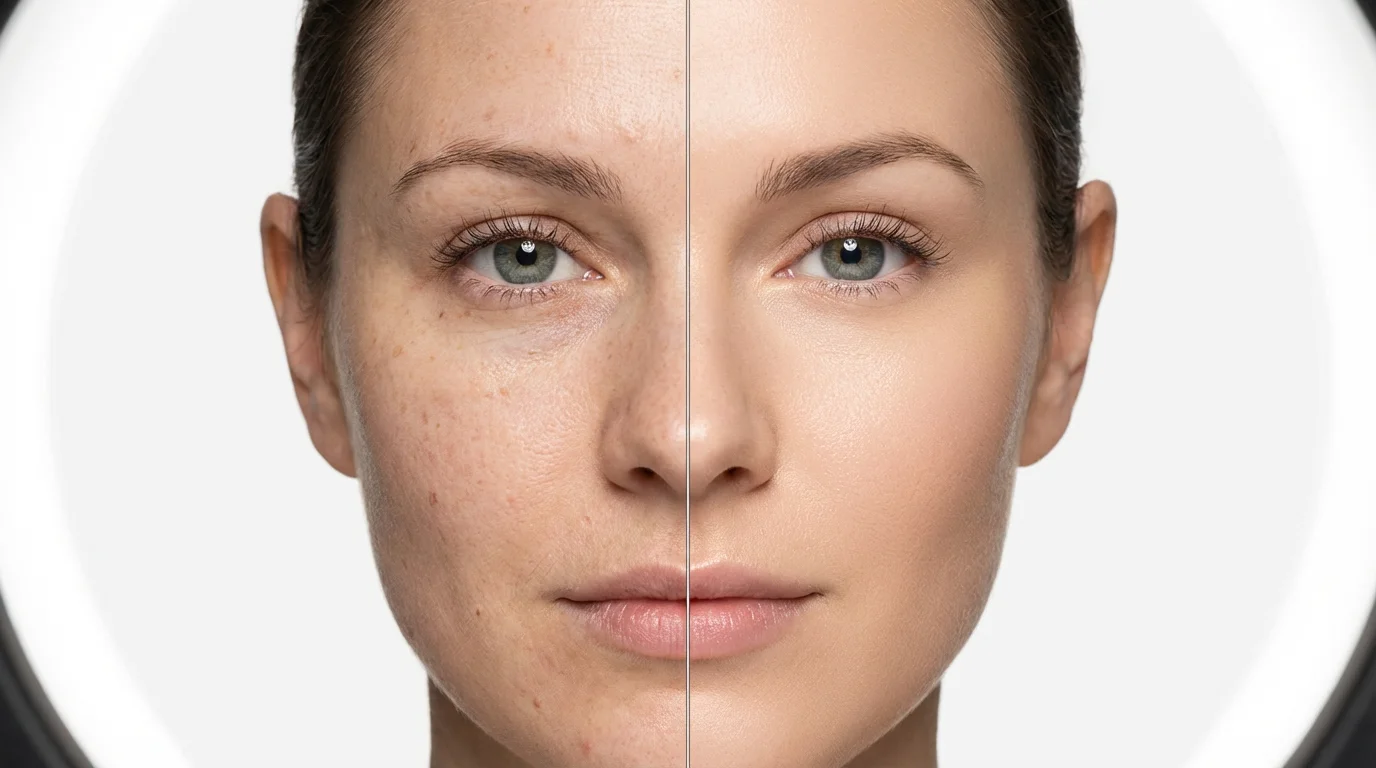 A split-screen comparison image showing video face retouching. The left side of a woman's face has natural skin with minor blemishes, while the right side is digitally retouched to be smooth and flawless.