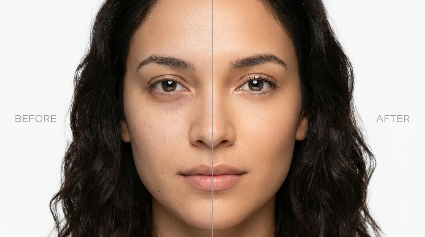 A split-screen close-up of a woman's face showing a before-and-after comparison of digital face retouching. The left side shows natural skin with minor imperfections, while the right side shows the same face with smooth, flawless skin and brighter eyes.