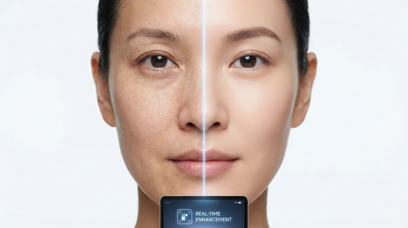 A close-up portrait of a face split in half, illustrating a before-and-after of digital retouching. The left side shows natural, unedited skin, while the right side shows the same face with smooth, flawless skin, set against a clean white background.