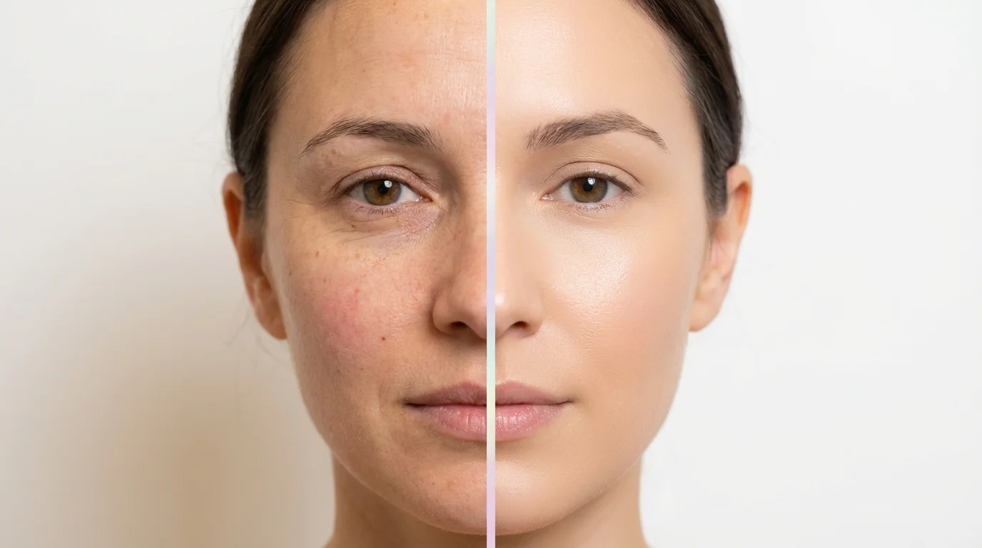 A split-screen image showing the before-and-after effects of video face retouching on a woman's face. The left side shows natural skin with fine lines, while the right side shows the same face retouched to be smooth and radiant.