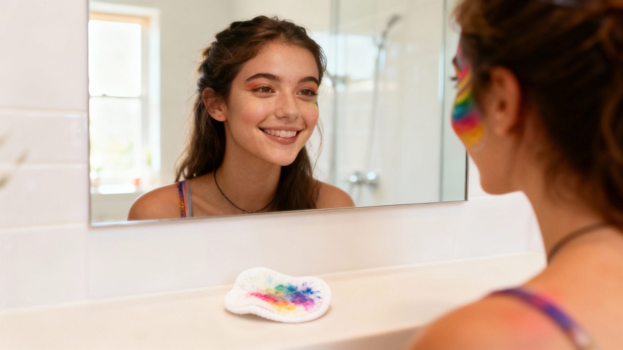 A woman with a perfectly clean and fresh face smiling at her reflection in a bathroom mirror, representing the successful result of removing face paint.