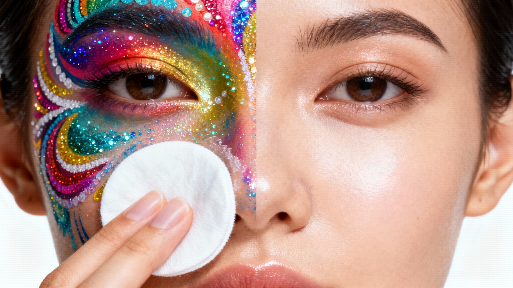 A close-up split image showing the process of removing face paint. One half of the face has vibrant, colorful paint, while the other half is completely clean and fresh, with a cotton pad wiping the paint away in the middle.