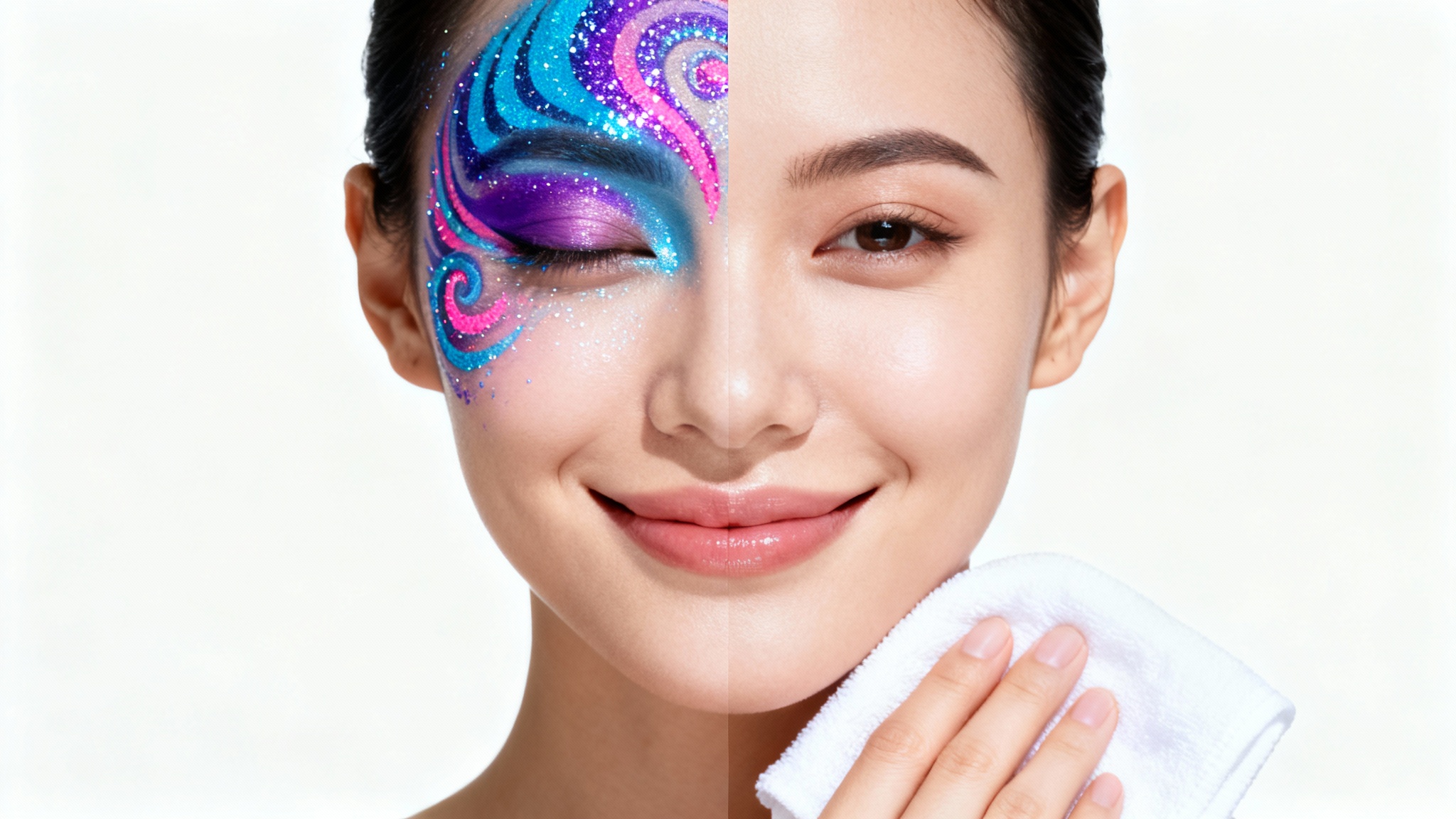 A close-up image showing a woman's face half-covered in colorful face paint and half-perfectly clean, demonstrating the effective removal of the paint.